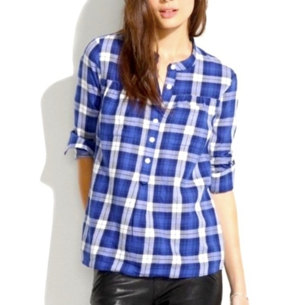 Madewell Plaid Academia Lightweight Preppy Blue Plaid Shirt Roller Tab Sleeves